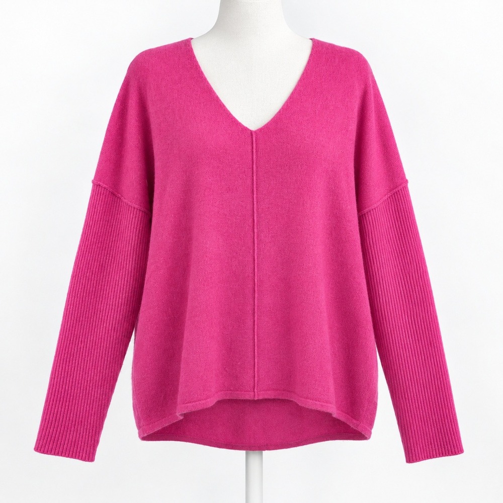 Soft Surroundings 100% Cashmere V Neck Sweater Size L Pink Ribbed Sleeve Luxury